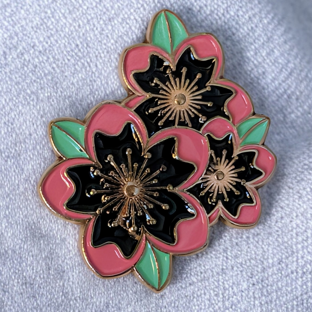 Black & Pink Plum Blossom Floral Enamel Brooch